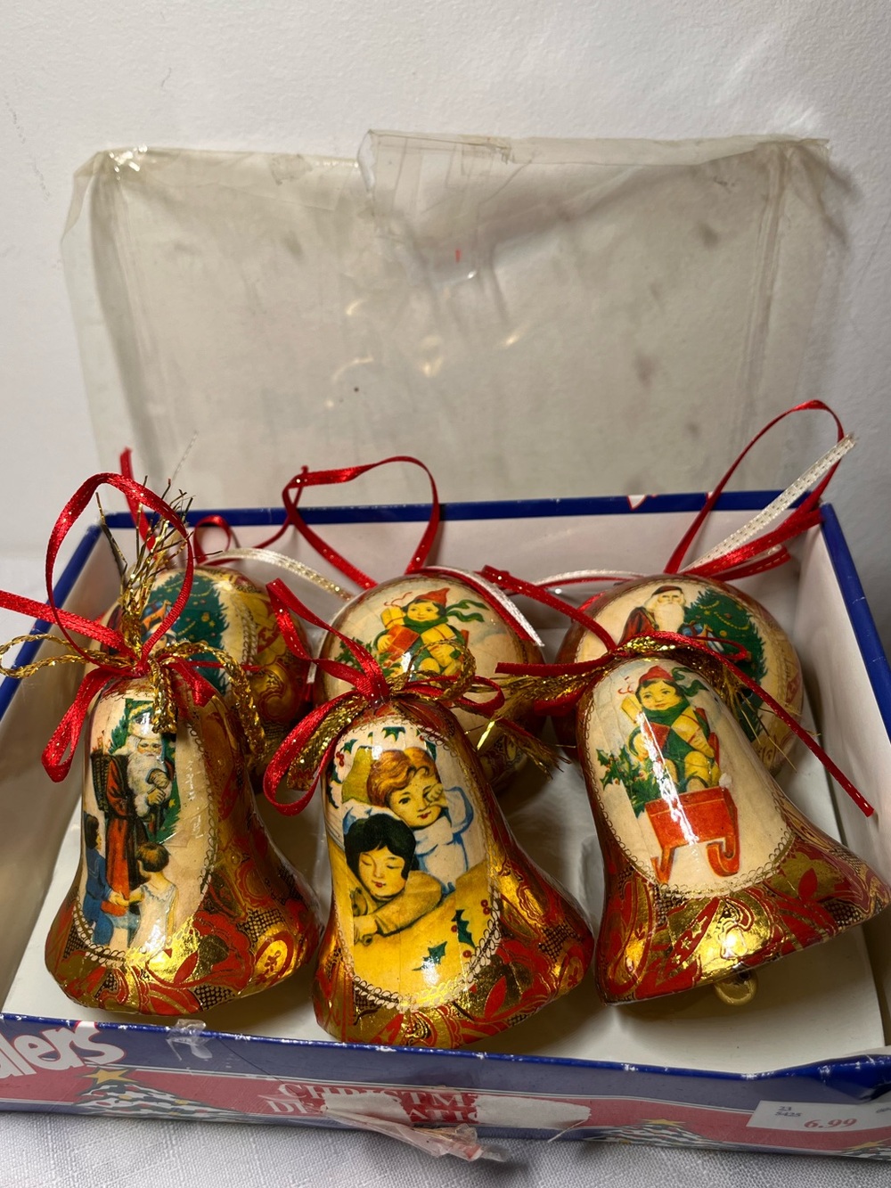 Vintage Gold Christmas Bell & Ball Ornaments with Red Ribbon